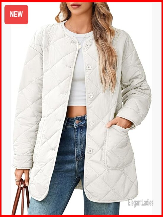 Jackets & Blazers - Lightweight Quilted Puffer Jacket with Pockets, Button Front, Mid-Length